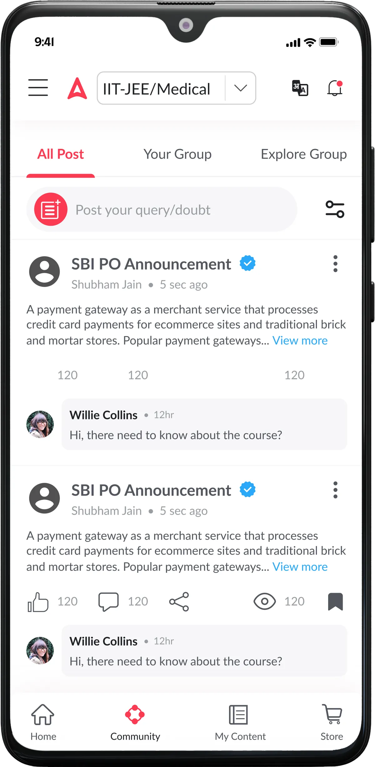 Community feed with All Post, Your Group and Explore Group tabs and announcement posts