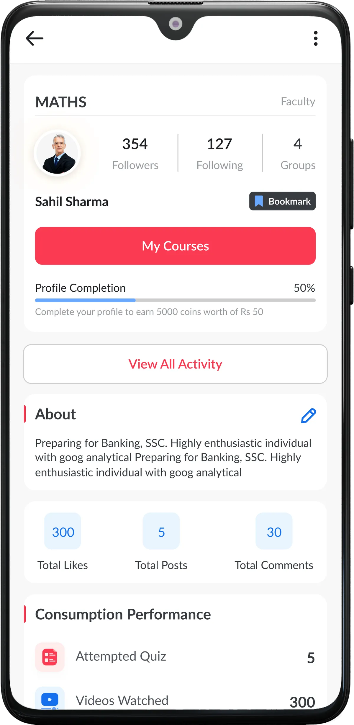 A student profile with followers, profile completion, likes, posts, comments and consumption performance