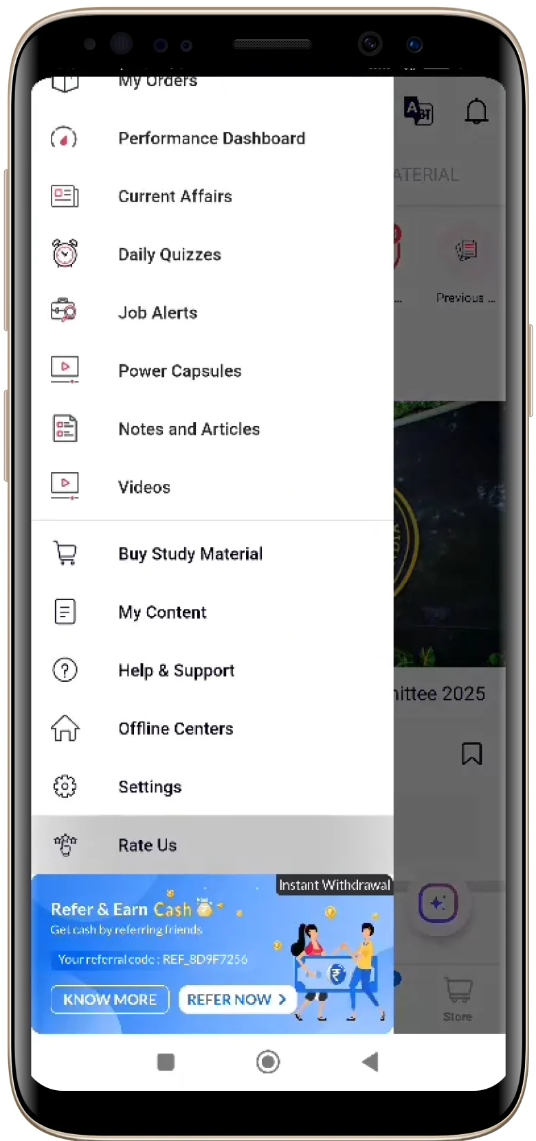 The old Adda247 app with its long hamburger menu open