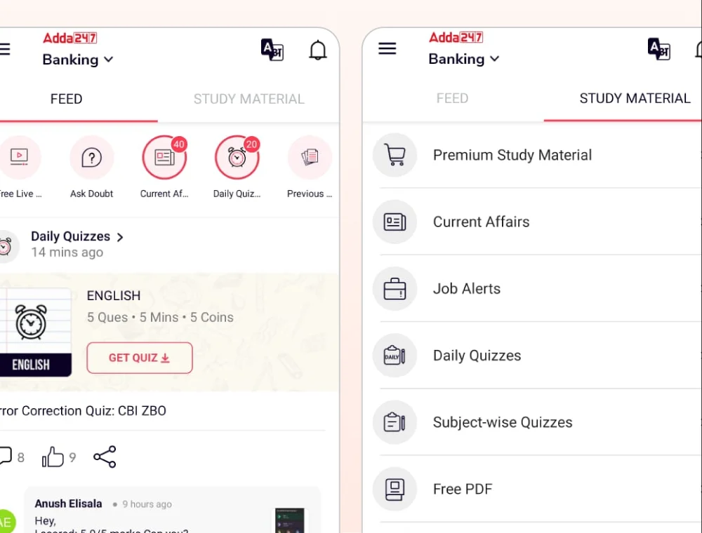 The old Adda247 app with separate Feed and Study Material tabs