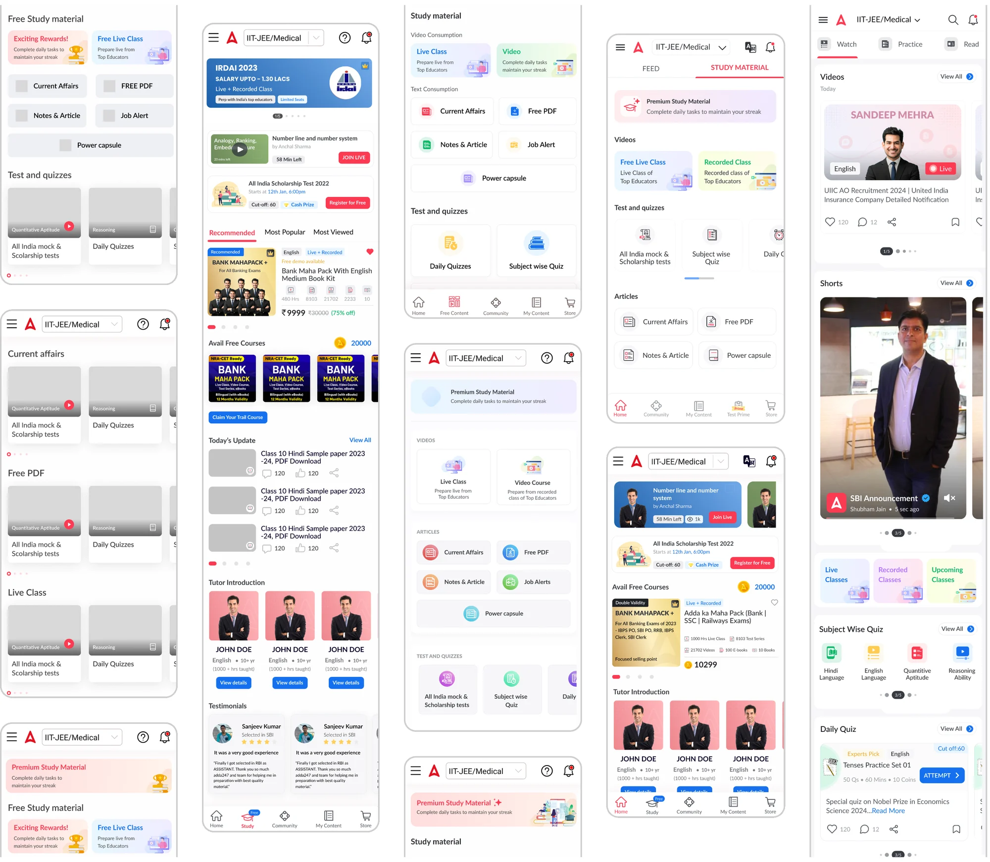 Five iterations of the Adda247 home screen, from free study material grids to the final Watch, Practice and Read layout