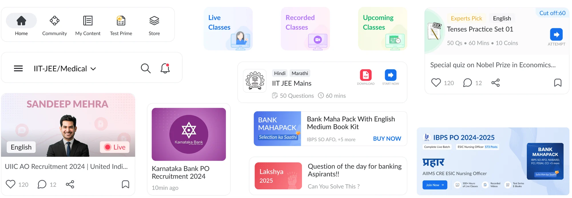 Adda247 home components: bottom navigation, exam selector, educator video card, live and recorded class tiles, quiz card, product and article cards