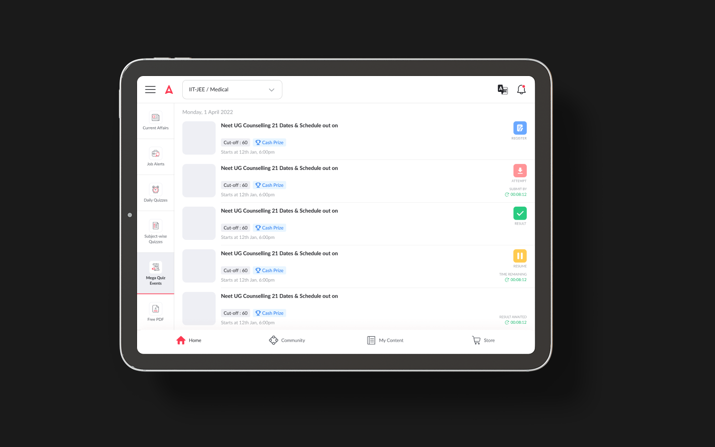 iOS App — home screen