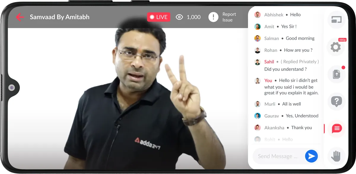 Live class on a phone: teacher video with the live chat panel open alongside