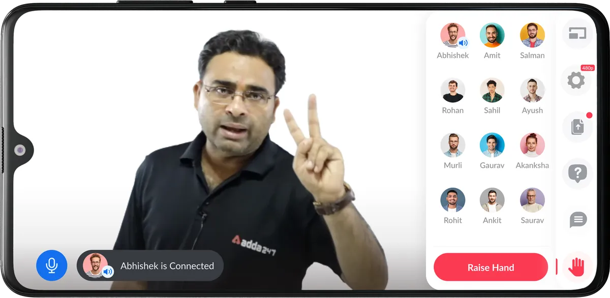 Live class with the participant grid open, a Raise Hand button and a student connected on audio