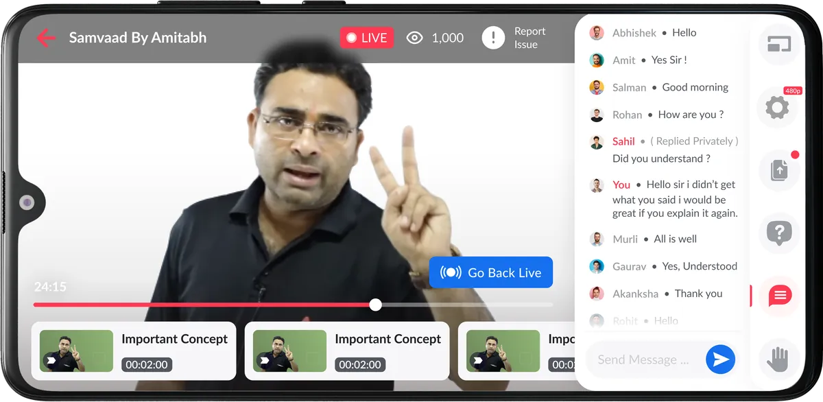 Live class with a scrubber, a Go Back Live button and 'Important Concept' markers along the bottom