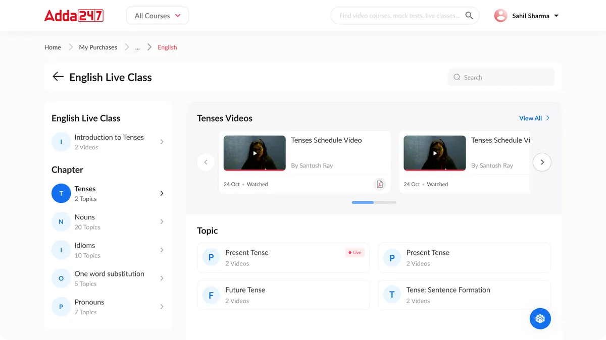 English Live Class page with chapters and topic counts on the left and topic videos on the right