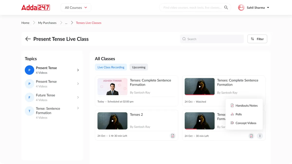 A topic page listing class recordings, upcoming classes and a menu with handwritten notes, polls and concept videos