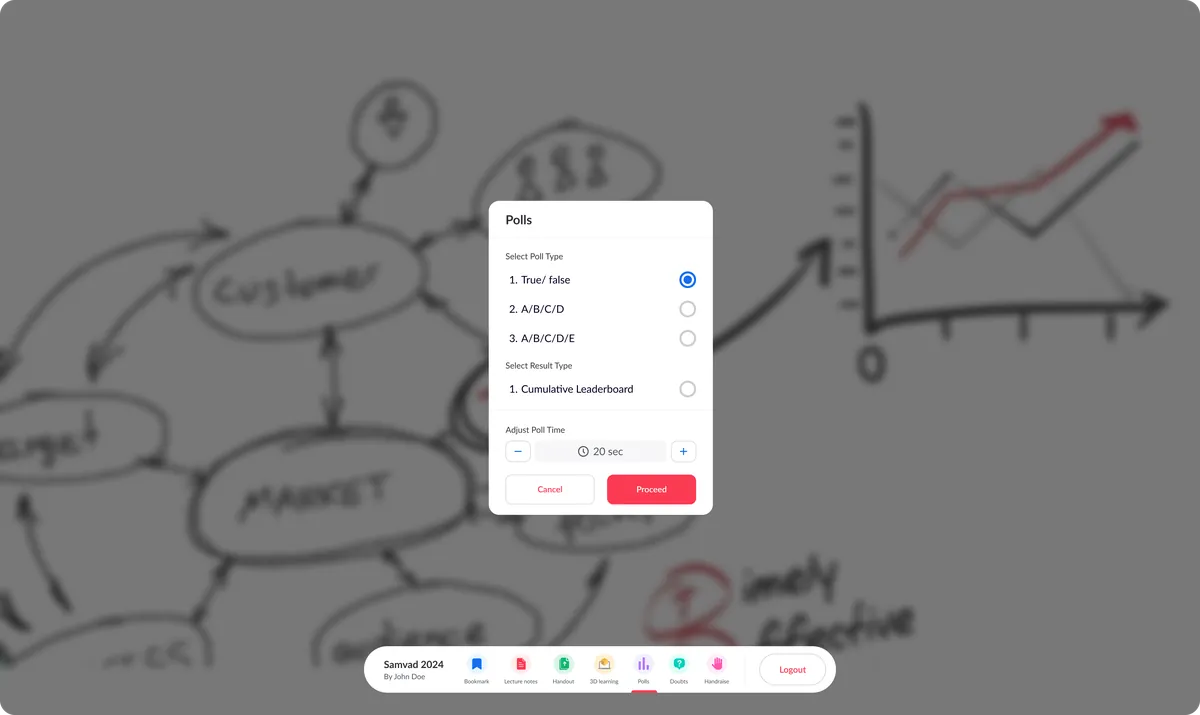 Studio App with a poll dialog open over the whiteboard canvas