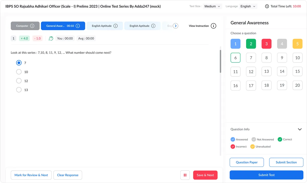 Test player with a single question, answer options and the colour-coded question palette in a sidebar
