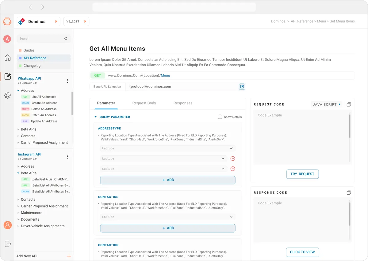 Portle endpoint view with the API list, query parameters, request body and response panels