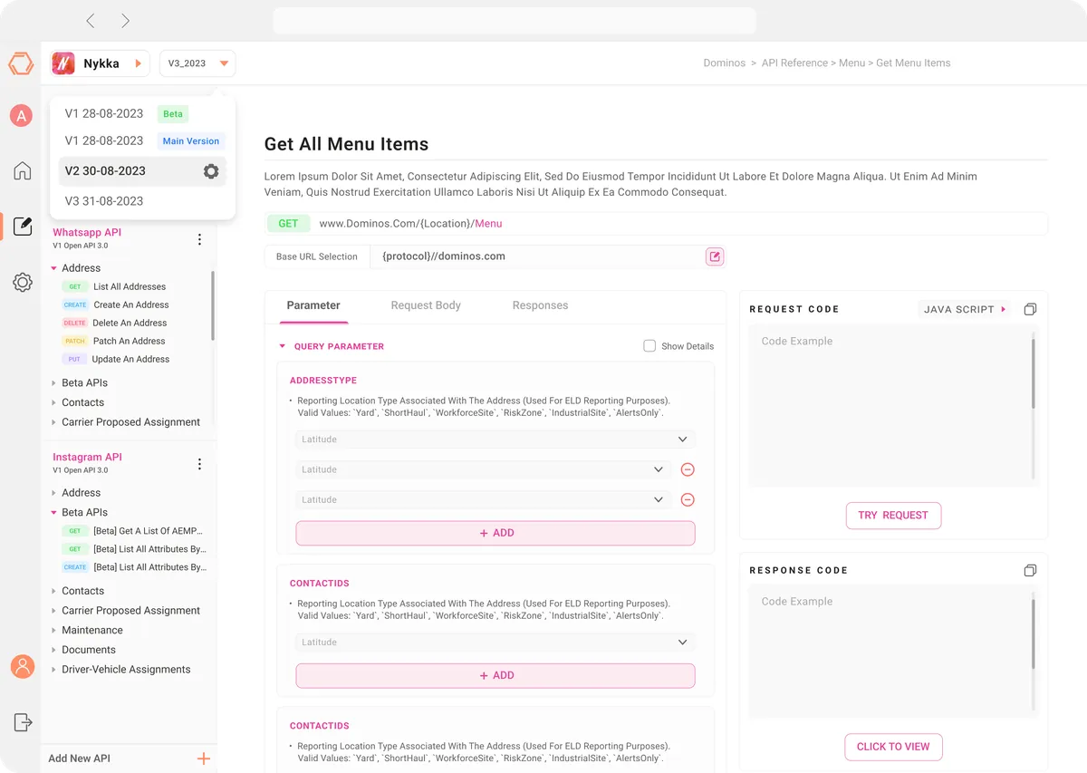 Portle endpoint view with a version switcher open in the sidebar