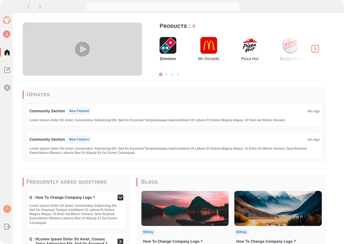 Portle user home with a product carousel, updates, frequently asked questions and blog articles