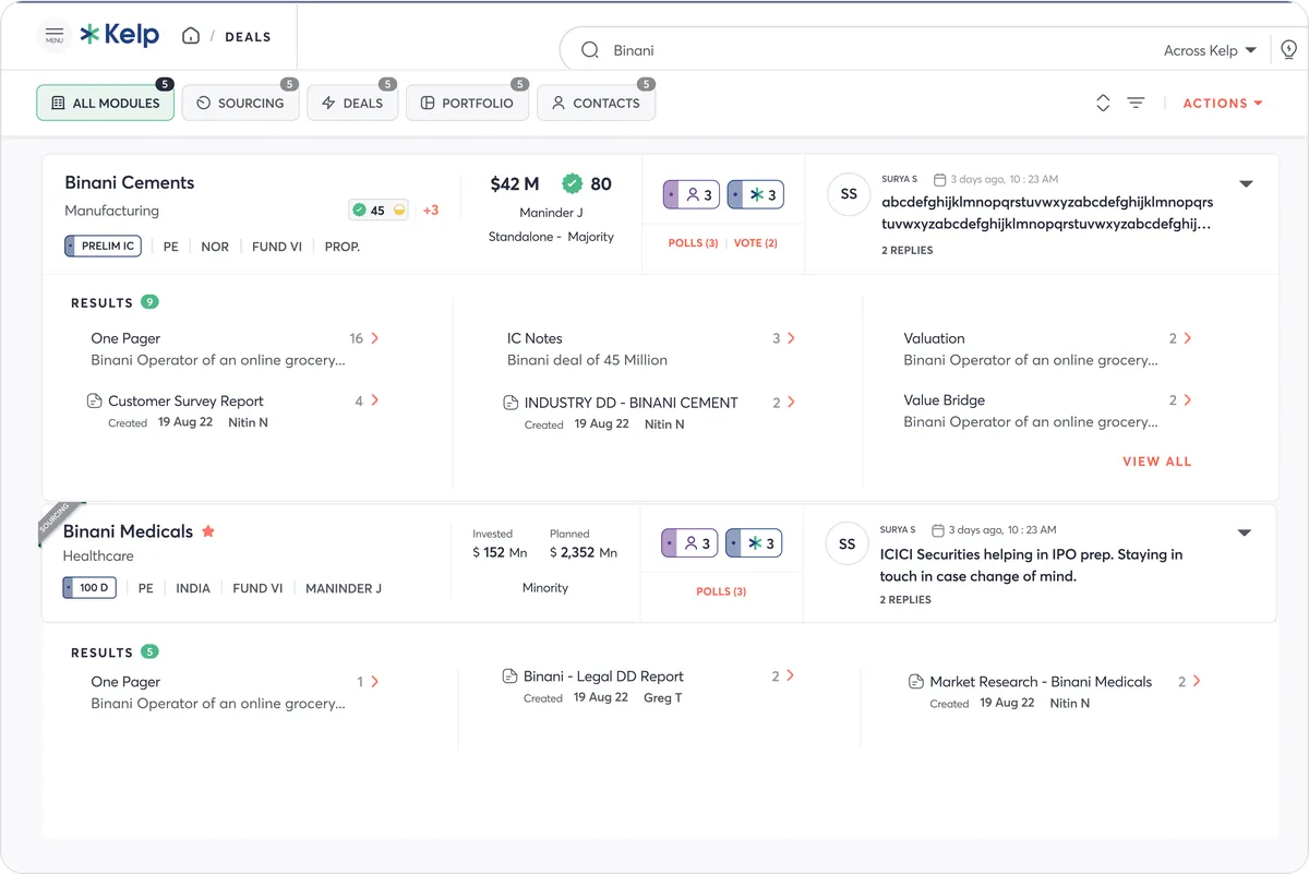 Deals list showing companies with sector, deal size, score and their one-pager, IC notes, valuation and reports