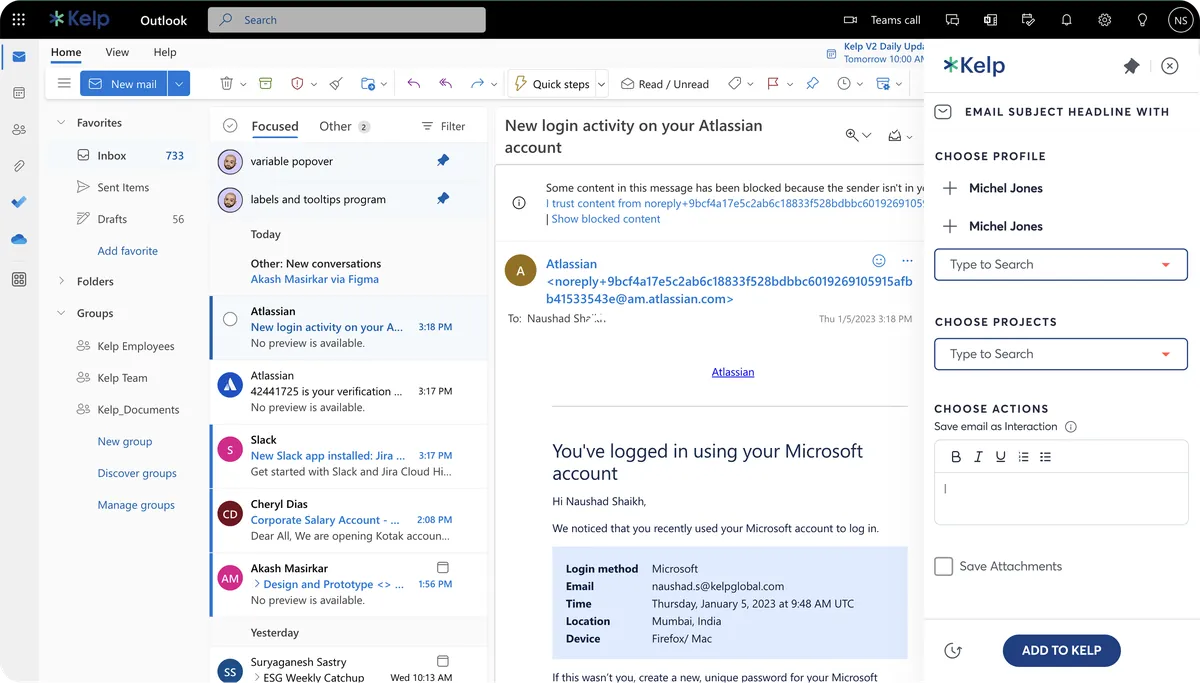 Kelp plugin panel beside an open email with profiles, projects, actions and a save-attachments option