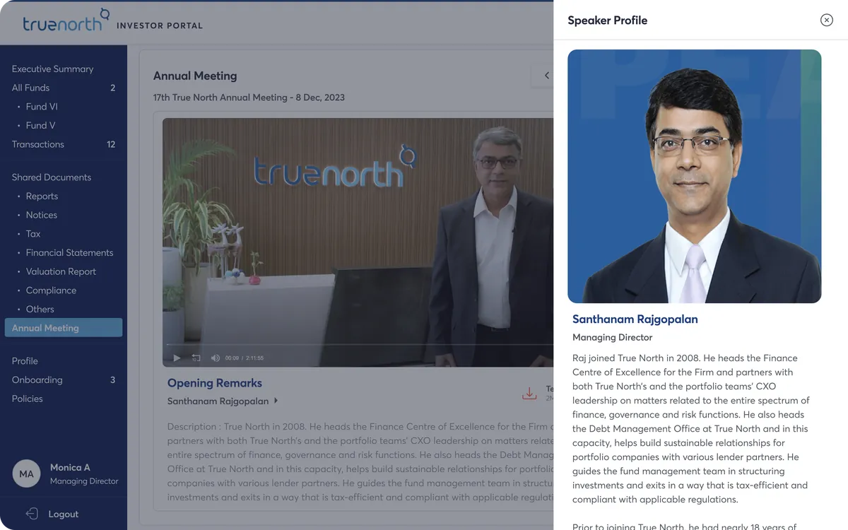 Speaker profile panel open beside the annual meeting video