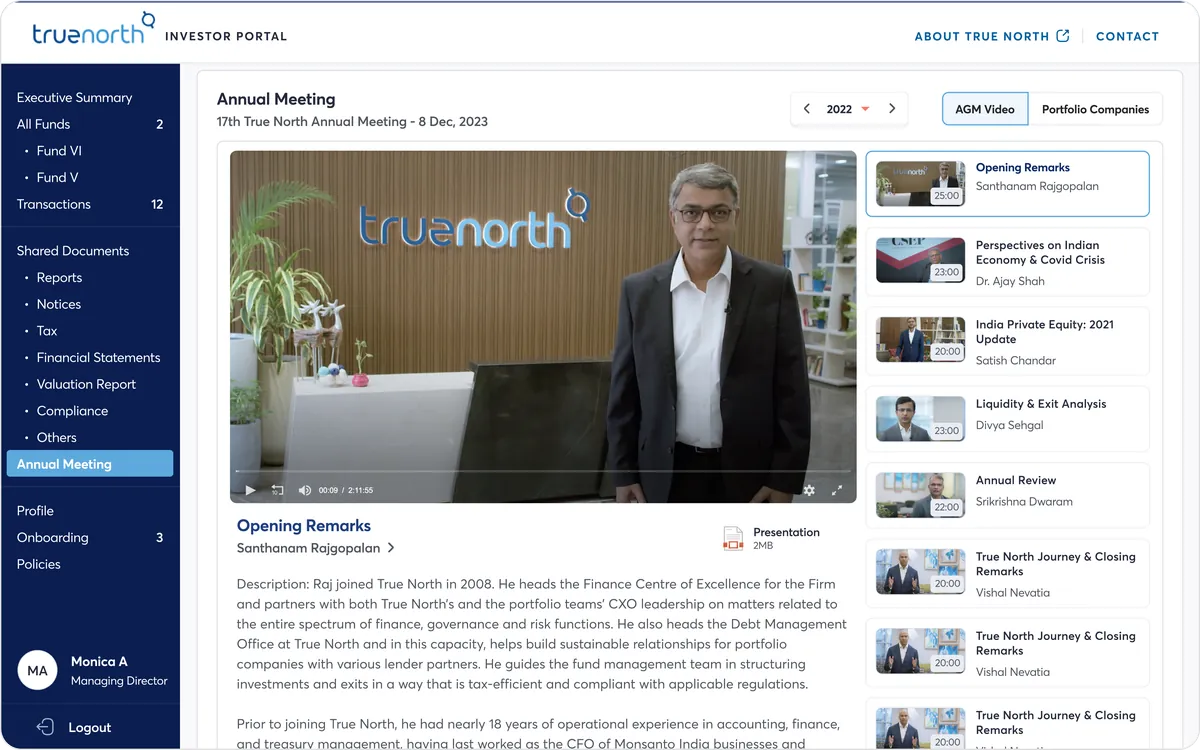 Annual meeting page with the opening remarks video and an agenda of sessions on the right