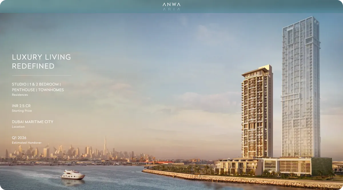 Anwa Aria website hero: the towers on the waterfront at sunrise with 'Luxury living redefined'