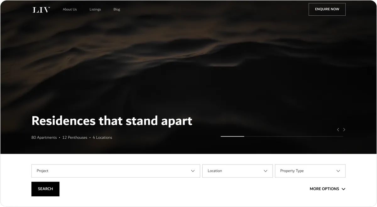 LIV website hero: 'Residences that stand apart' over dark water, with a search by project, location and property type