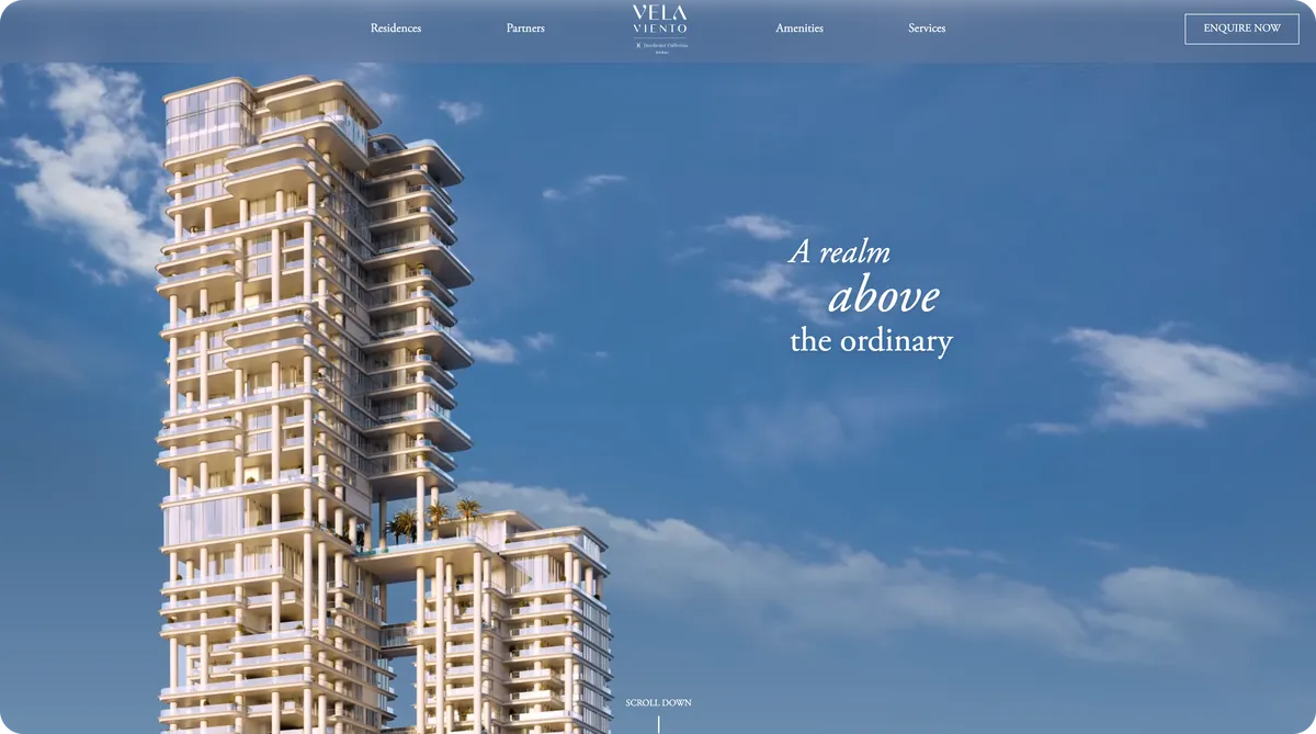Vela Viento website hero: the tower against a blue sky with the line 'A realm above the ordinary'