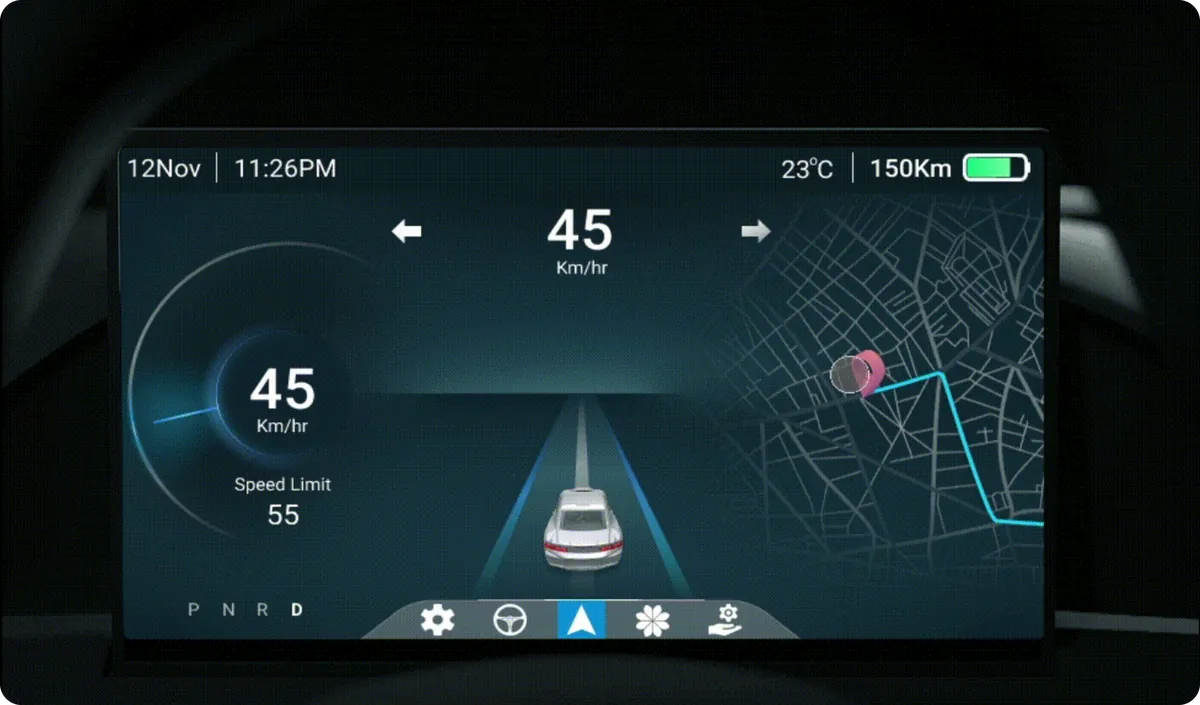 Instrument cluster with speed, speed limit, lane view and a navigation map